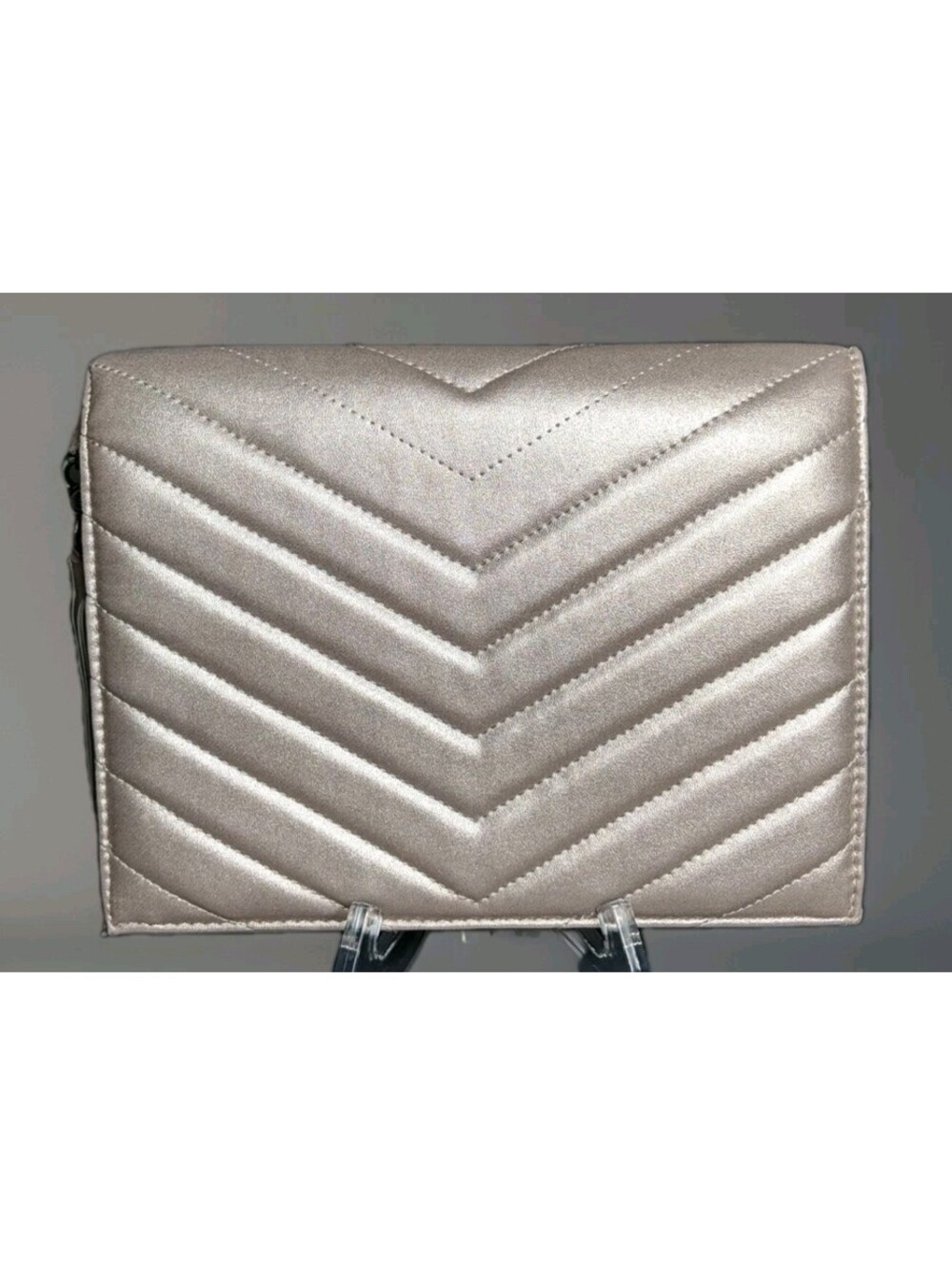 Neiman Marcus Metallic Champagne Quilted Evening Clutch Bag Tassel Faux Leather